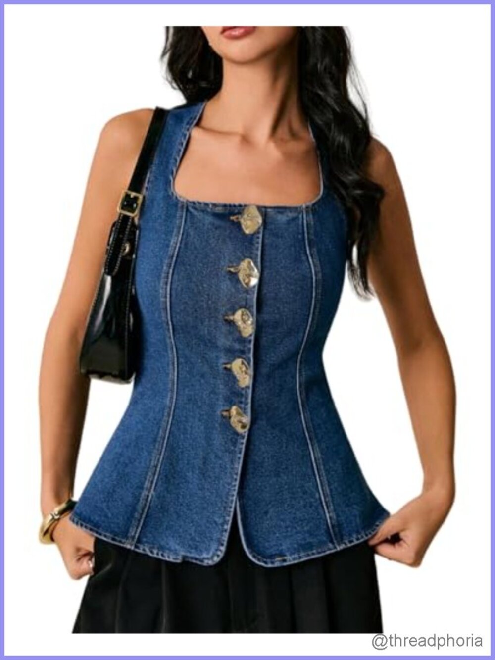 Womens Denim Tank Top Sleeveless Square Neck Slim Fit Button Front Jean Tank